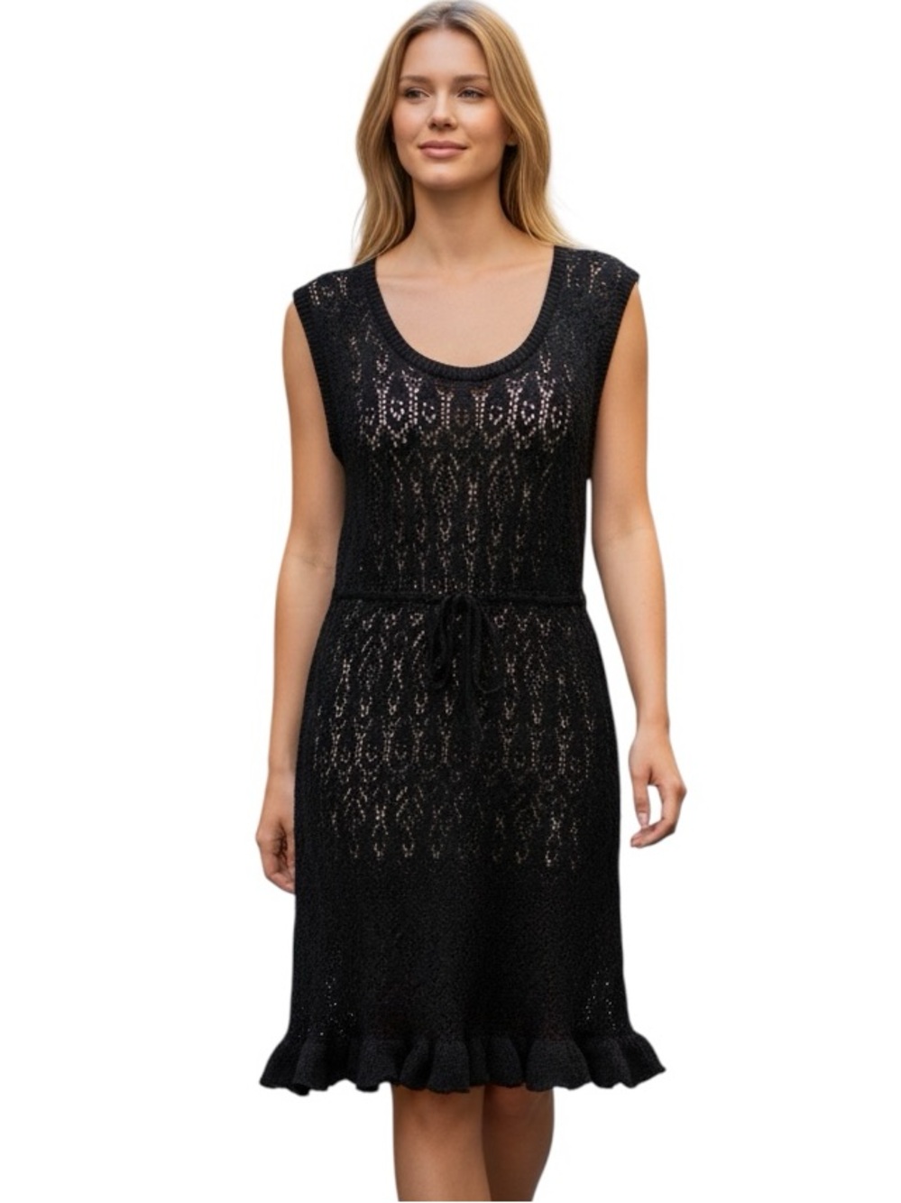 American Rag Women's Black Crochet Tie Waistline Cover Up Swim Dress Size Large